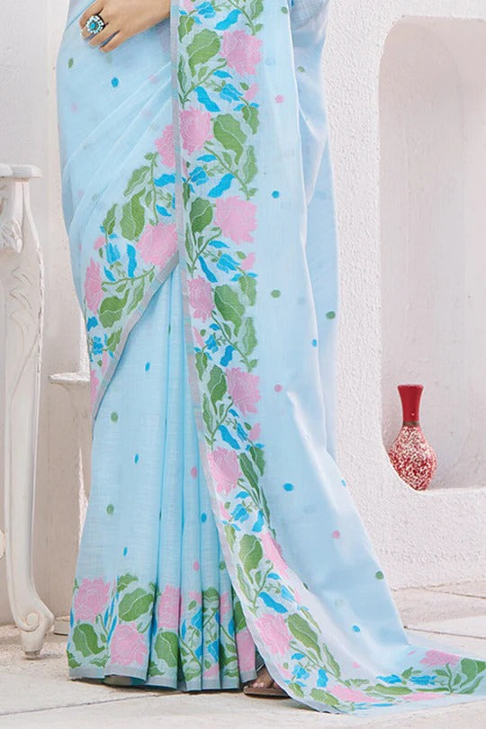 Sky Blue Pure Soft Linen Silk Printed Saree