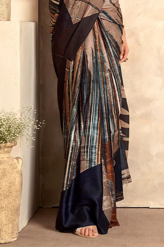 Cocoa Browny Printed Crepe Satin Soft Silk Saree