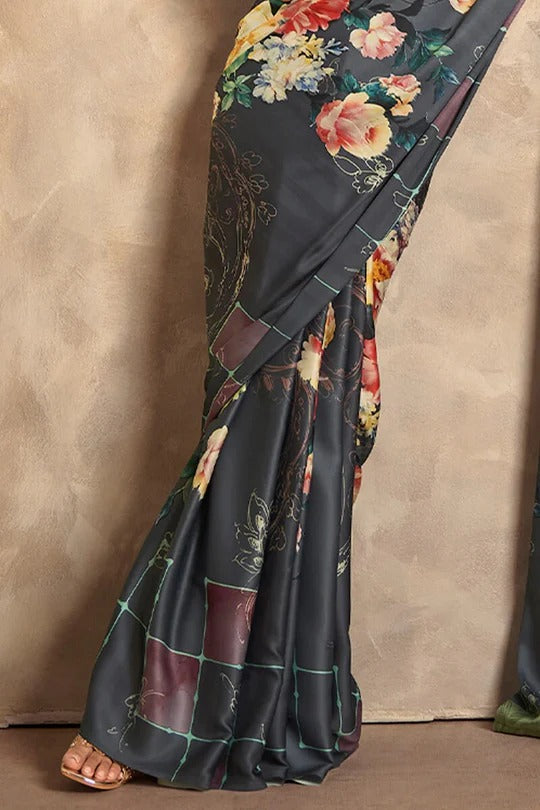 Stone Black Printed Crepe Satin Soft Silk Saree