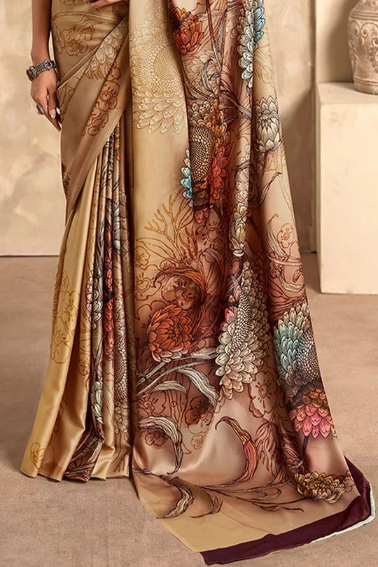 Ivory Cream Printed Crepe Satin Soft Silk Saree