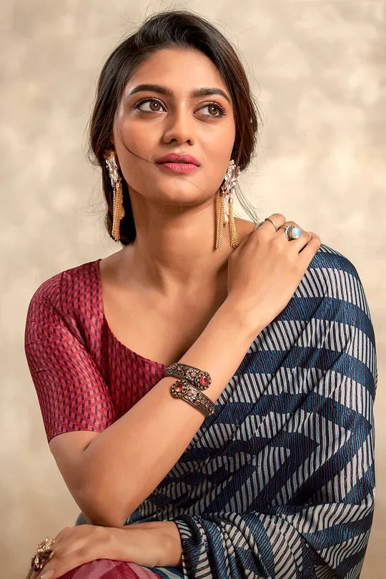 Vista Blue Printed Crepe Satin Soft Silk Saree