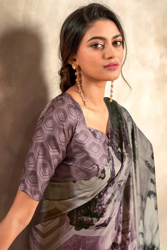 Cadet Grey Printed Crepe Satin Soft Silk Saree