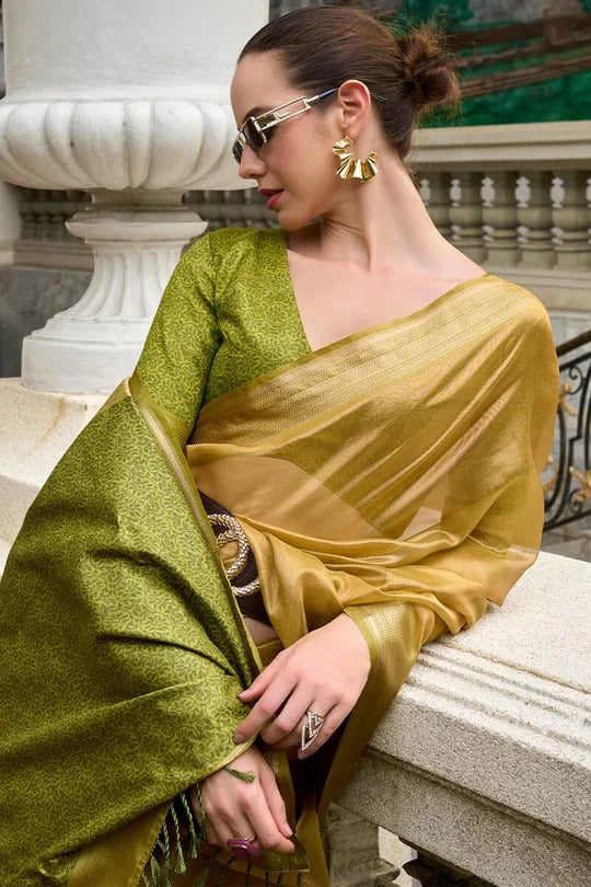 Nature Green Handloom Tissue Soft Saree