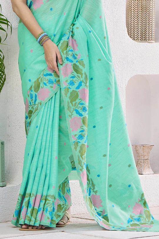 Warm Green Pure Soft Linen Silk Printed Saree