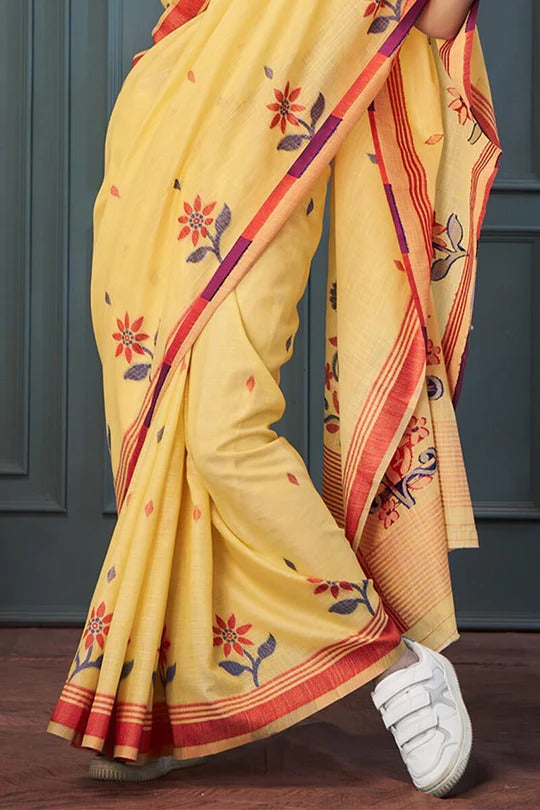 Sunflower Yellow Handloom Linen Saree With Fancy Blouse