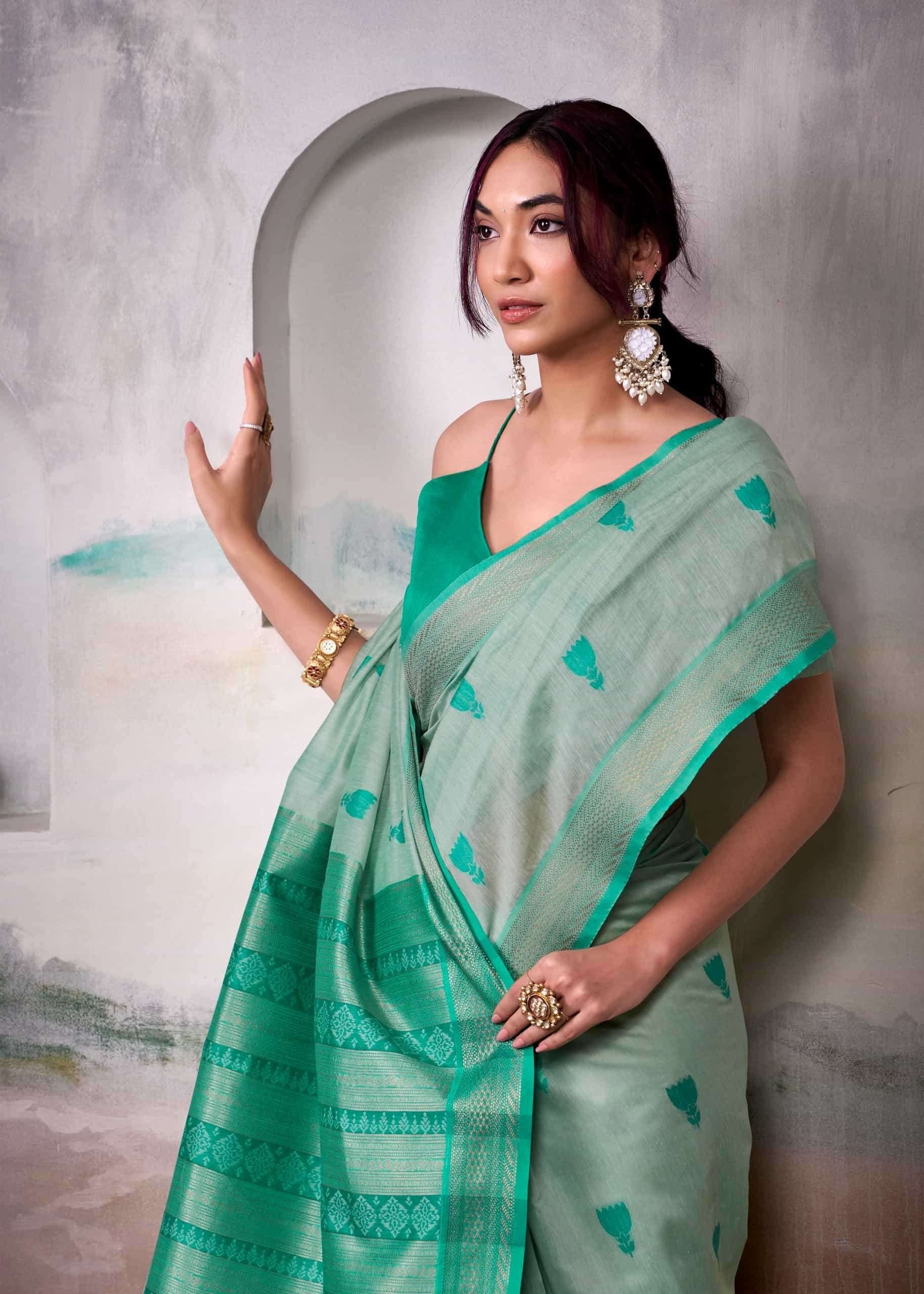 Artichoke Green Woven Design Zari Pure Cotton Saree With Blouse