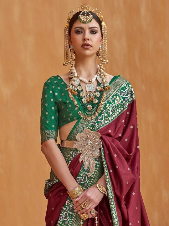 Maroon Printed Patola Handloom Soft Silk Saree