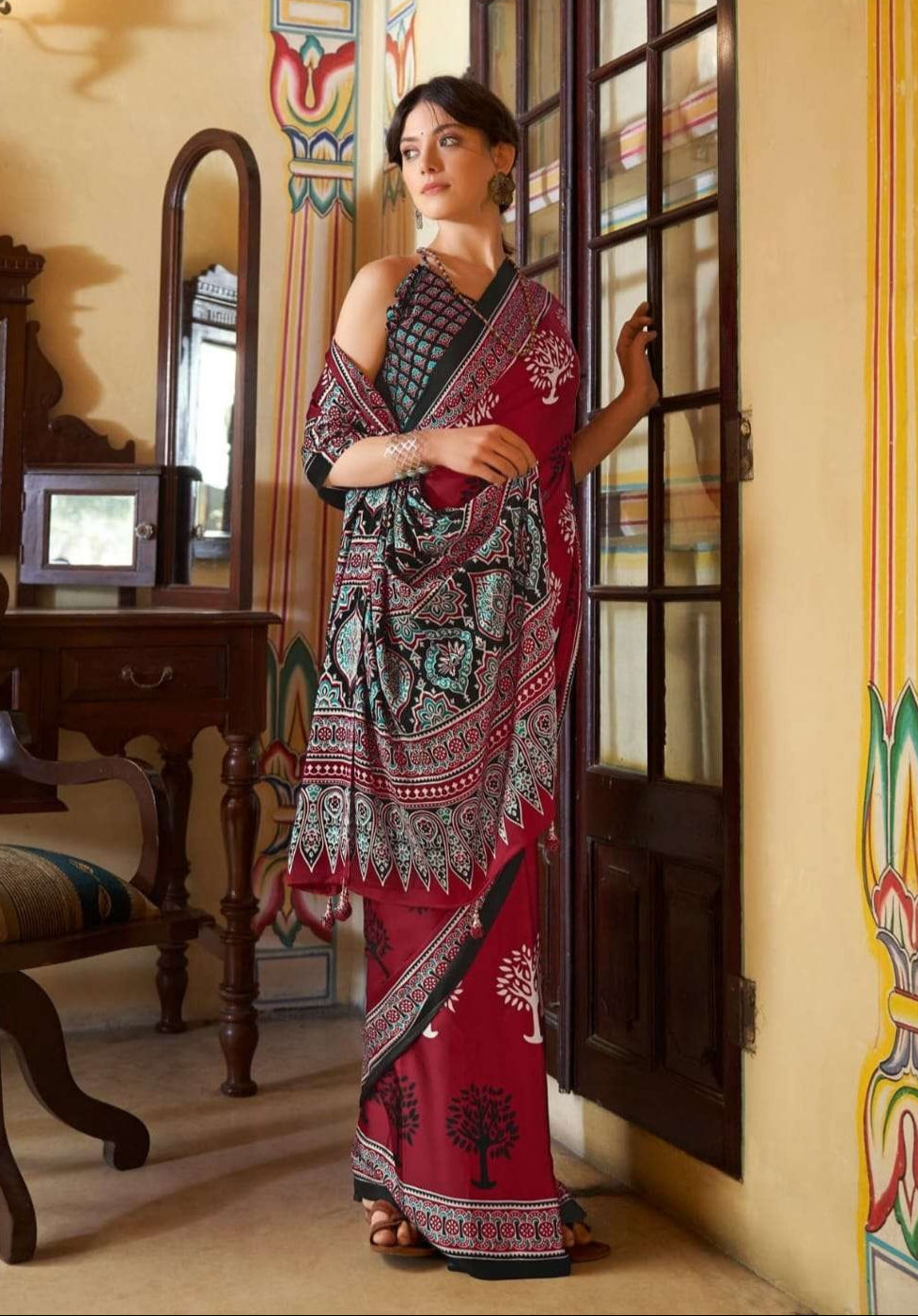 Red New Ajrakh Printed Satin Crepe Saree