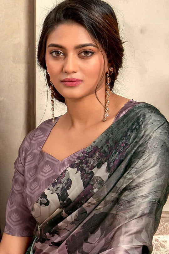 Cadet Grey Printed Crepe Satin Soft Silk Saree