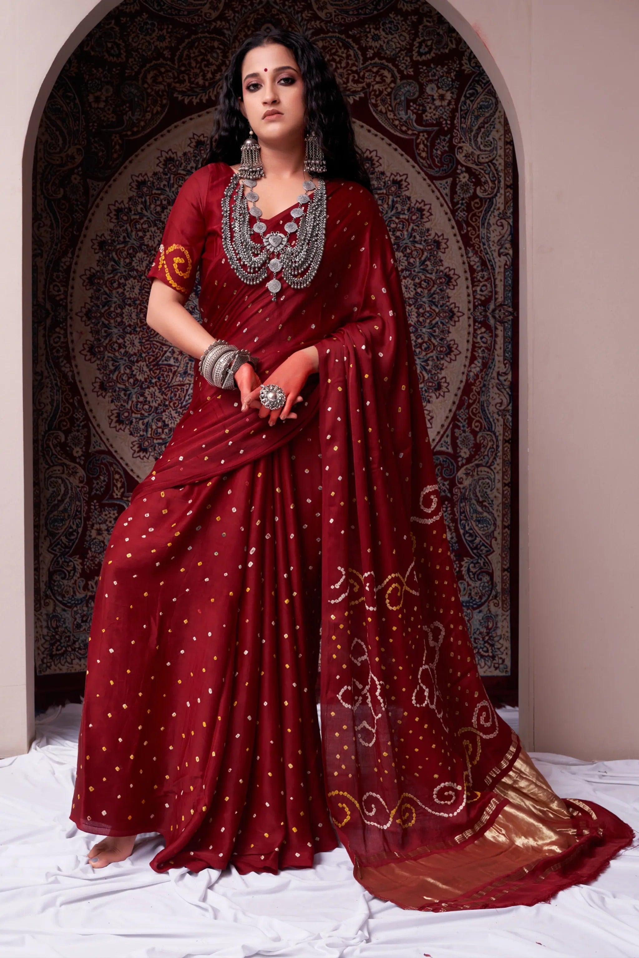 Maroon Pure Bandhni Zari Pallu Modal Silk Saree