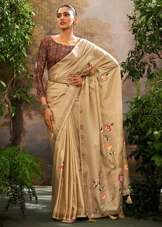 Golden Soft Linen Tissue Hand Brush Printed Saree
