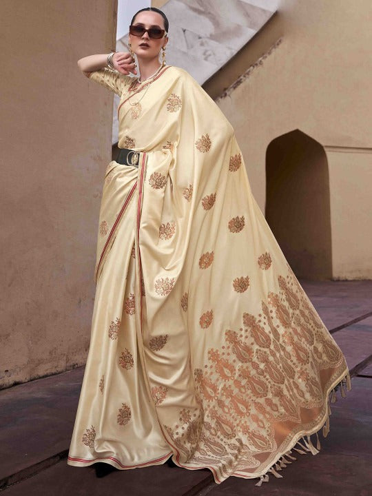 Timeless Cream Woven Satin Soft Silk Saree With Zari Weaving