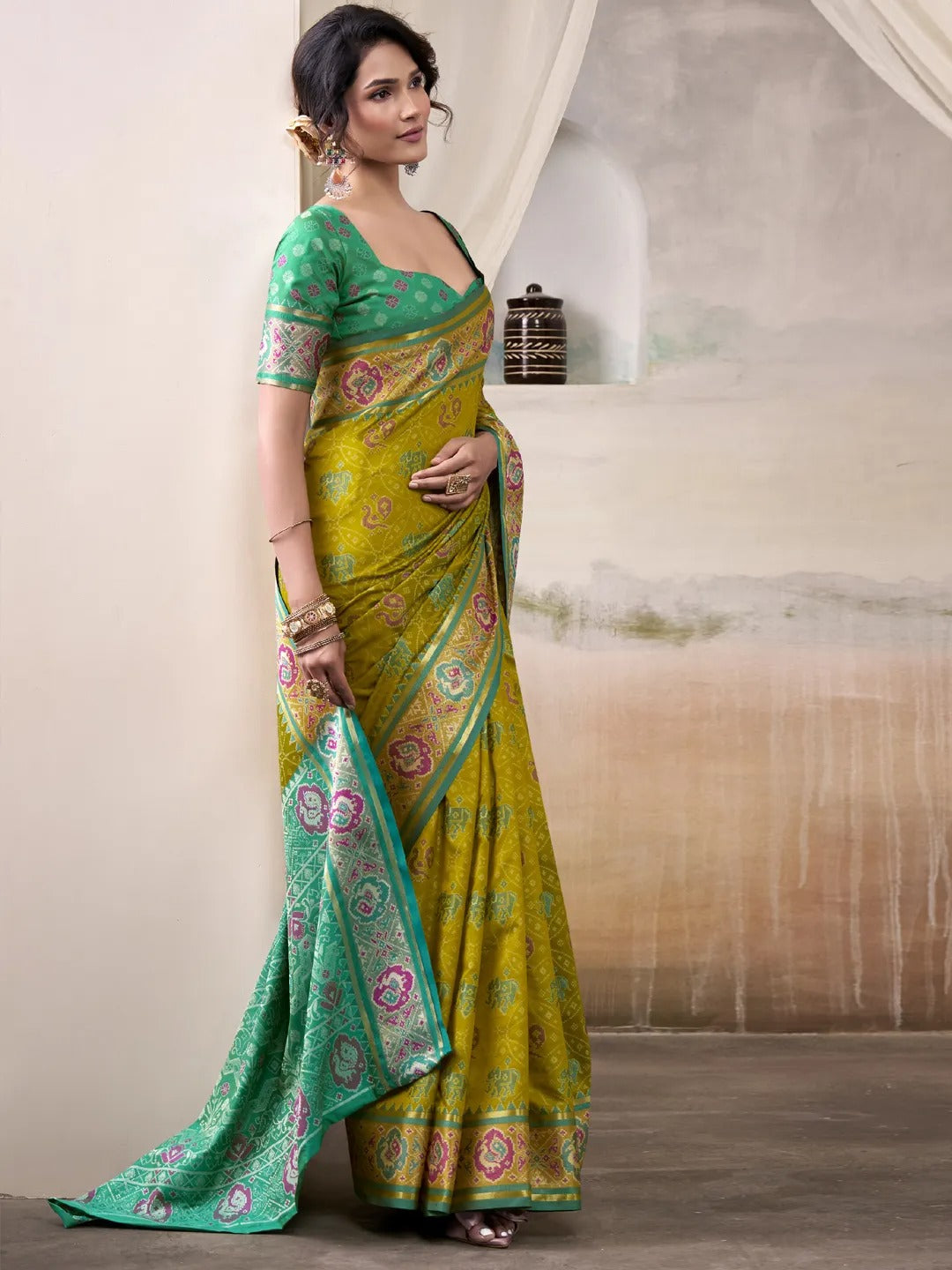 Lawn Green Patola Silk Saree With Weaving Border