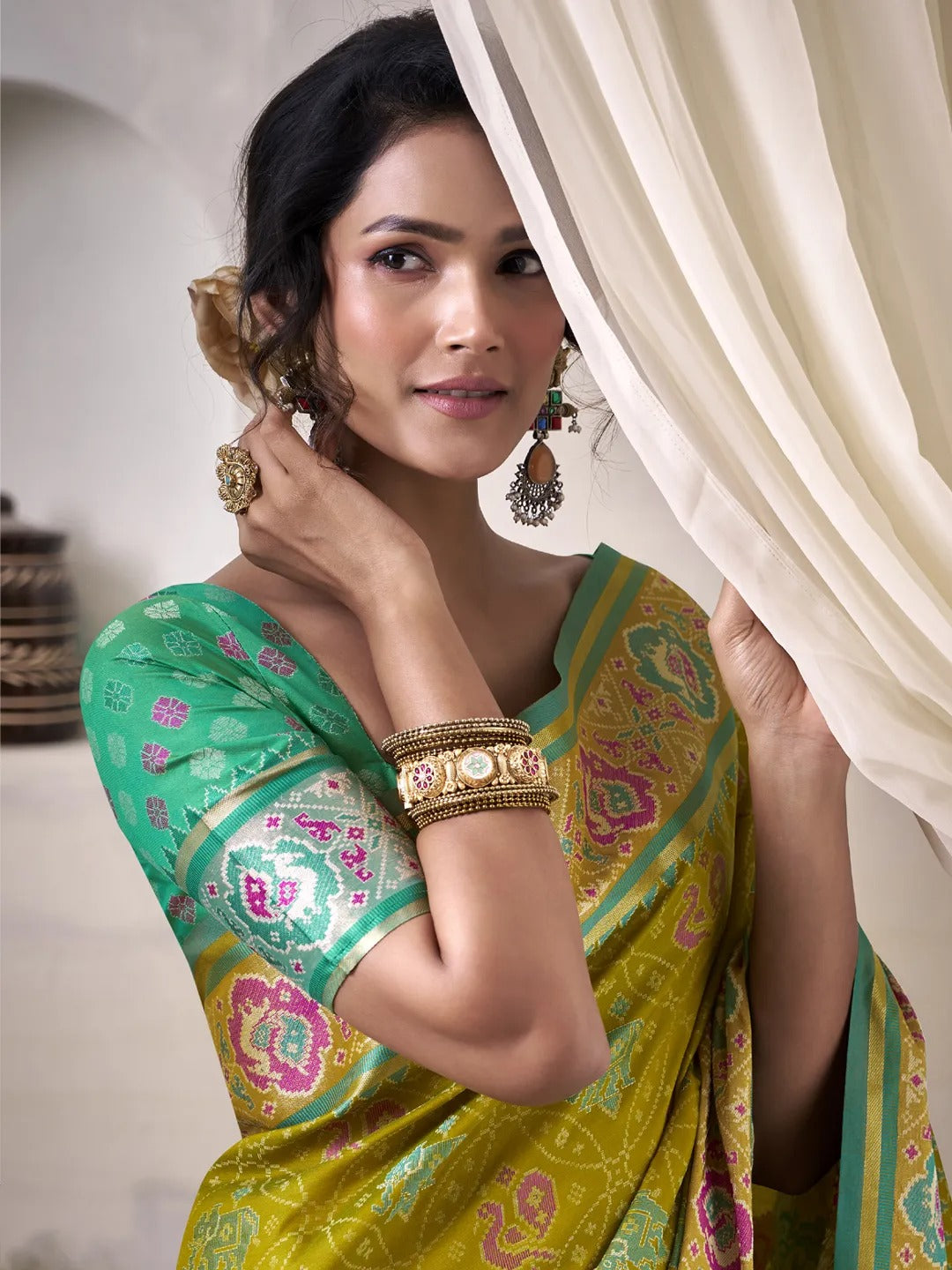 Lawn Green Patola Silk Saree With Weaving Border