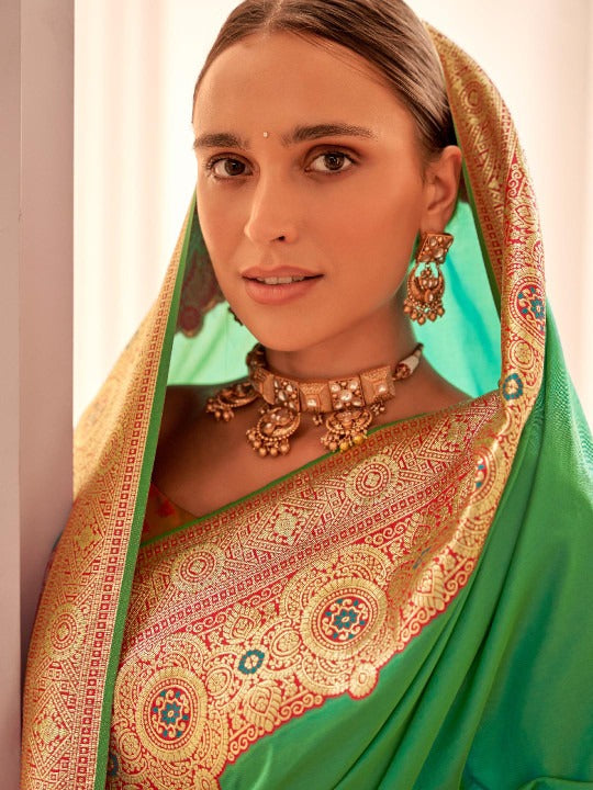 Forest Green Shade Silk Woven Zari Work Broad Border Saree