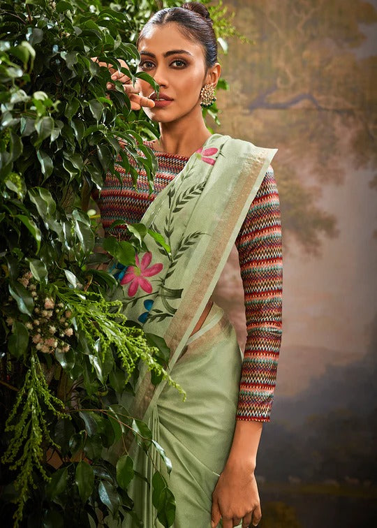 Pista Green Soft Linen Tissue Hand Brush Printed Saree