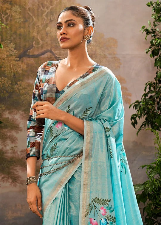 Water Blue Soft Linen Tissue Hand Brush Printed Saree
