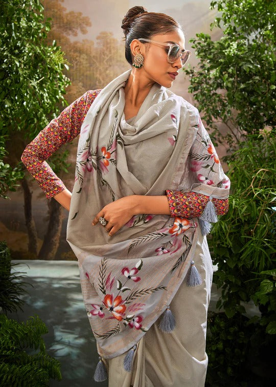 Shark Grey Soft Linen Tissue Hand Brush Printed Saree