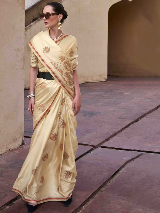Timeless Cream Woven Satin Soft Silk Saree With Zari Weaving