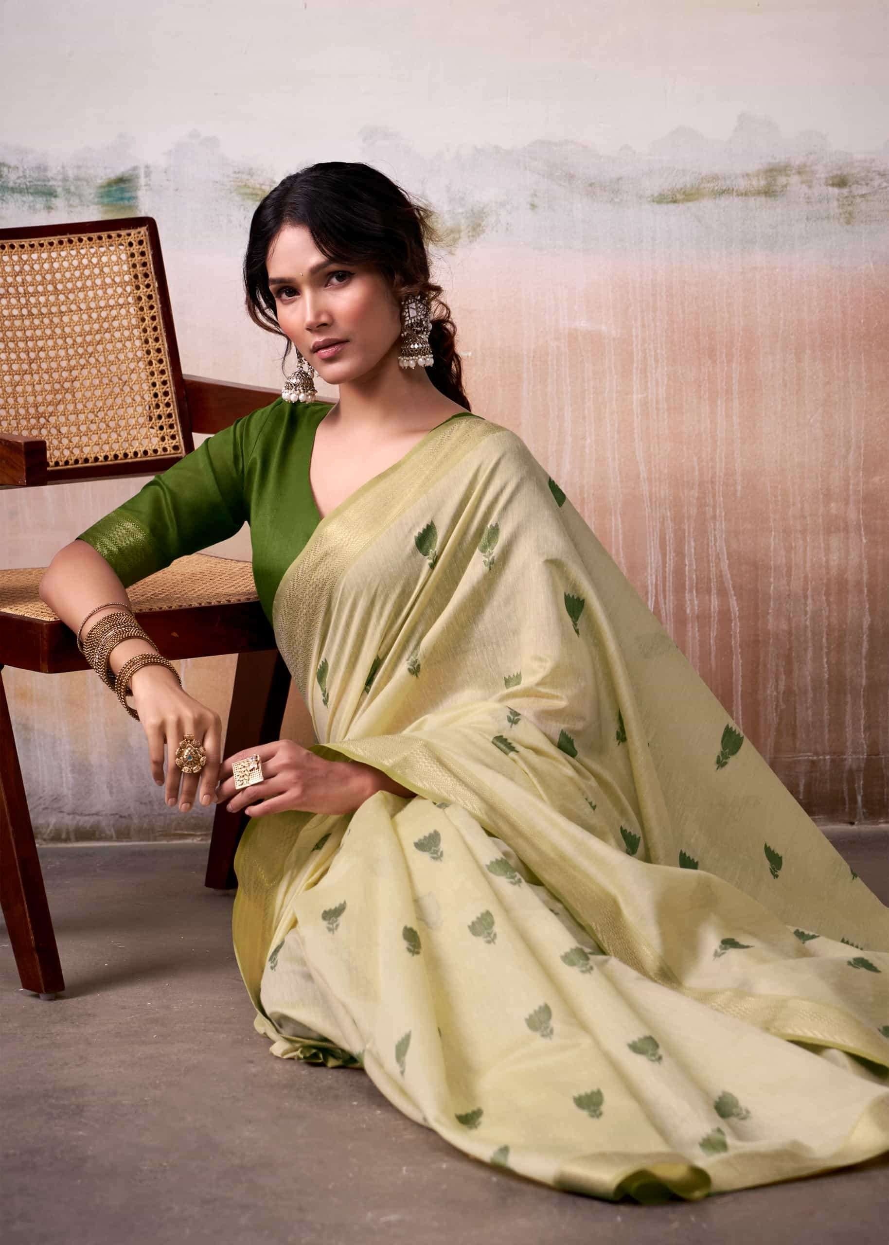 Crayola Yellow Woven Design Zari Pure Cotton Saree With Blouse