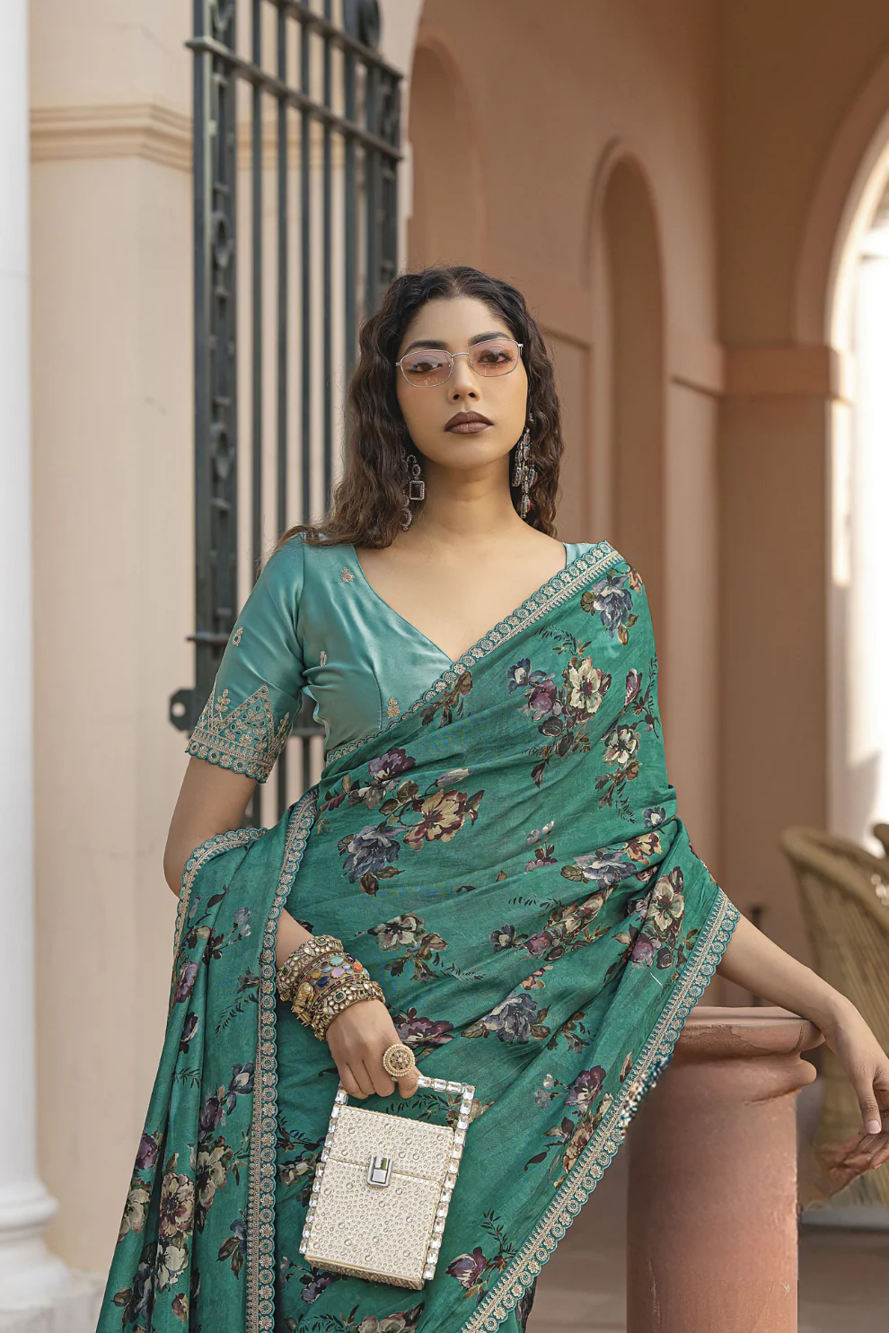 Harlequin Green Pure Viscose Dola Silk Saree with Floral Print