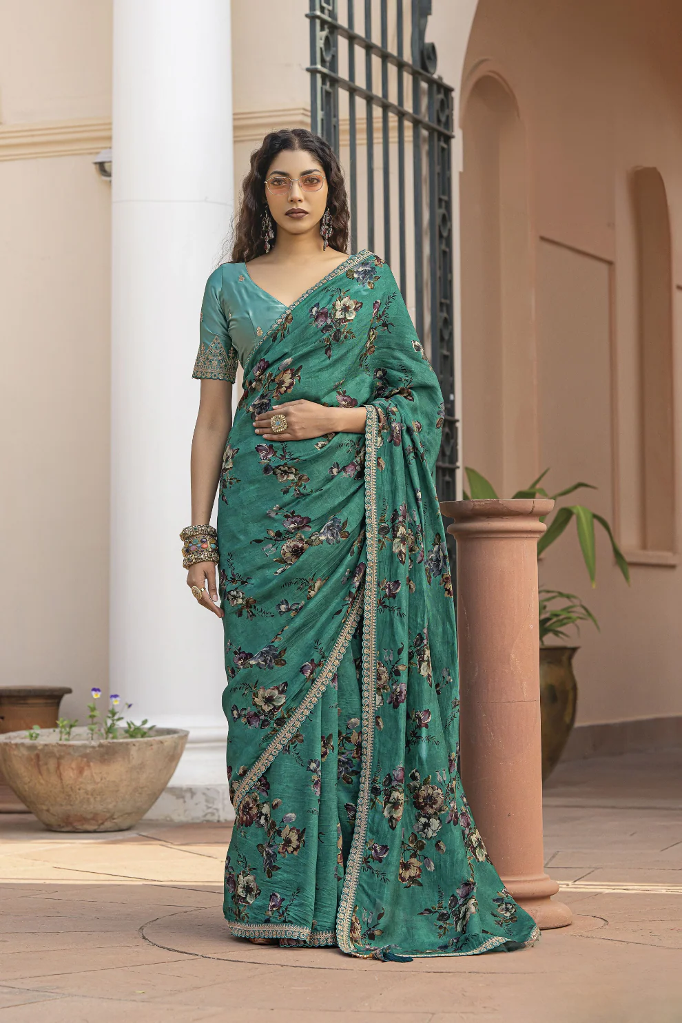 Harlequin Green Pure Viscose Dola Silk Saree with Floral Print