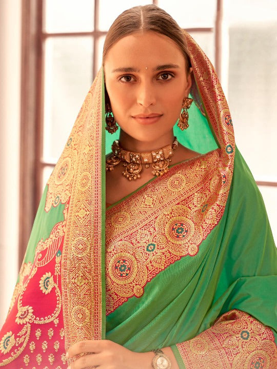 Forest Green Shade Silk Woven Zari Work Broad Border Saree