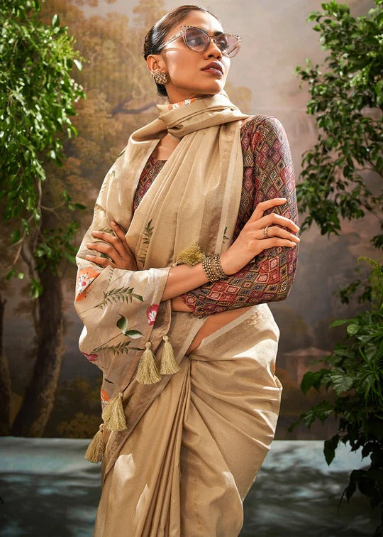 Golden Soft Linen Tissue Hand Brush Printed Saree