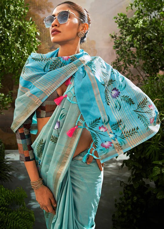 Water Blue Soft Linen Tissue Hand Brush Printed Saree