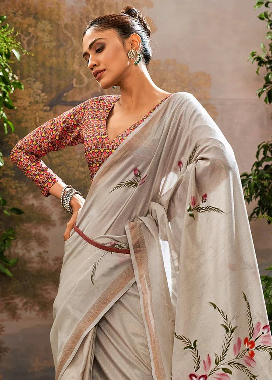 Shark Grey Soft Linen Tissue Hand Brush Printed Saree