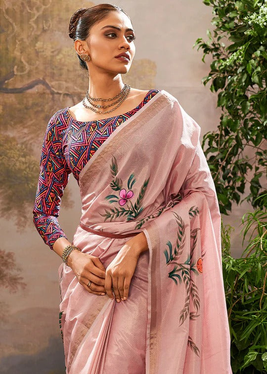 Mauve Purple Soft Linen Tissue Hand Brush Printed Saree