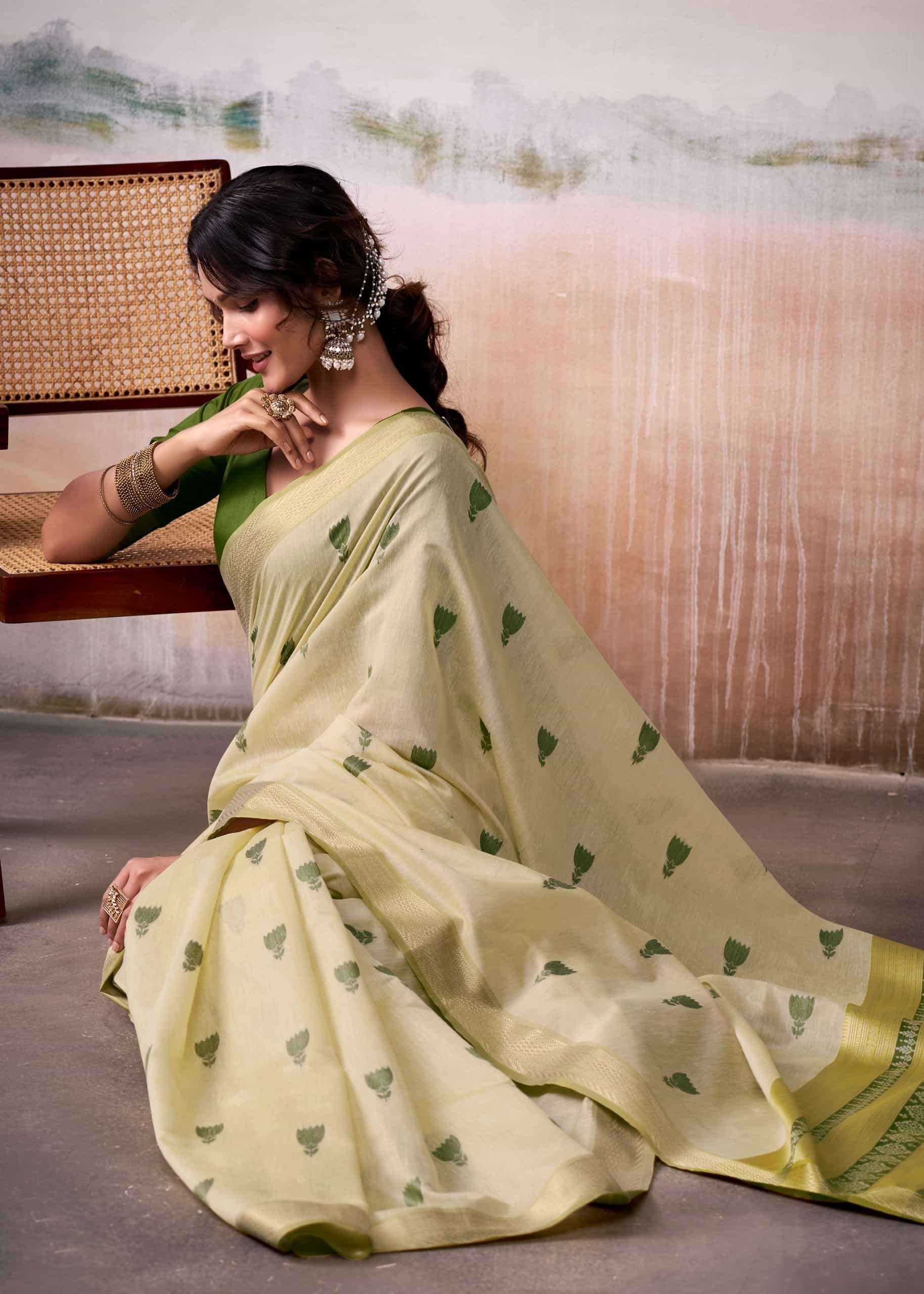 Crayola Yellow Woven Design Zari Pure Cotton Saree With Blouse
