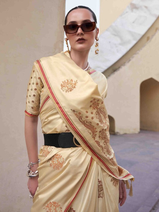 Timeless Cream Woven Satin Soft Silk Saree With Zari Weaving