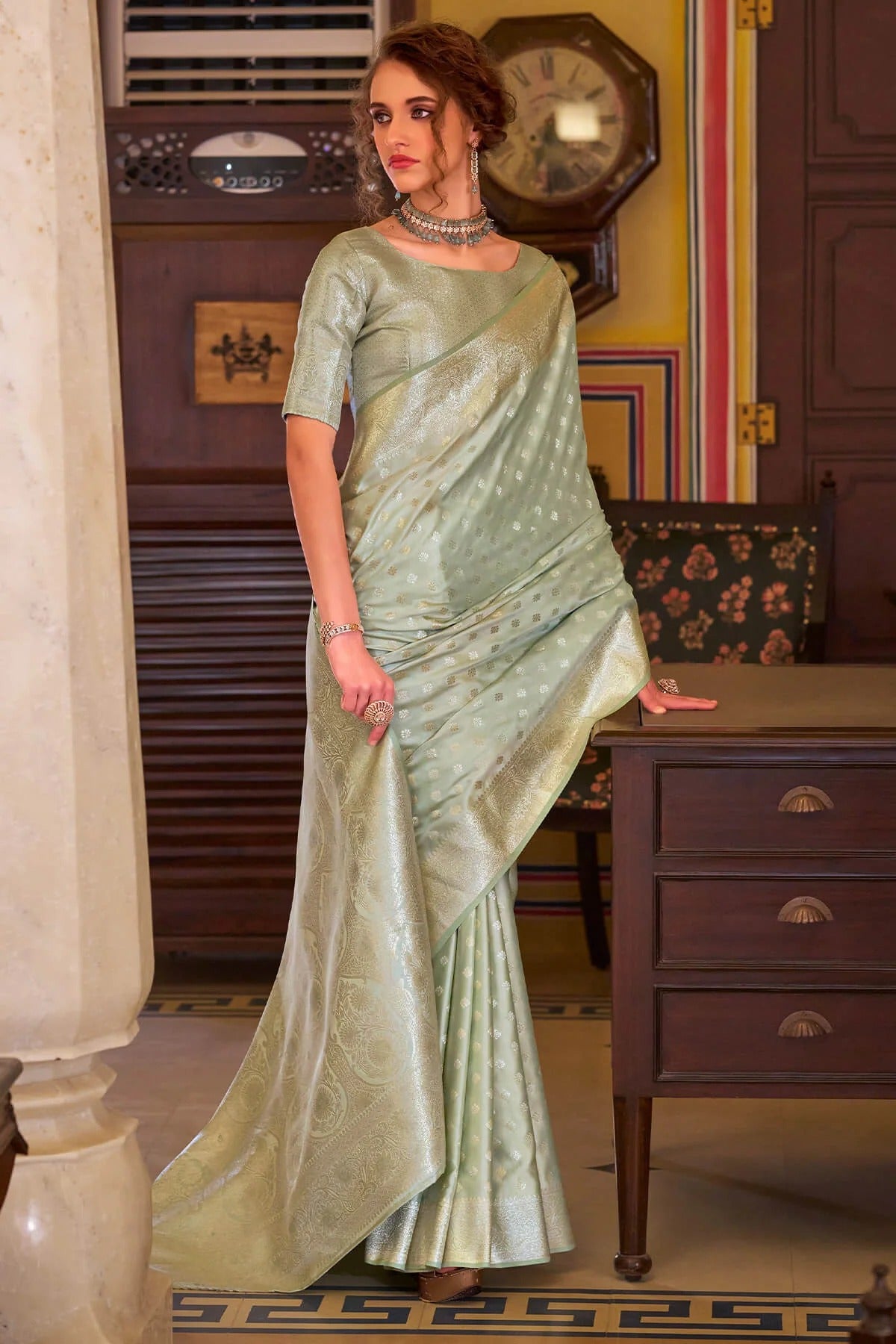 Piquant Pista Woven Banarasi Satin Soft Silk Saree