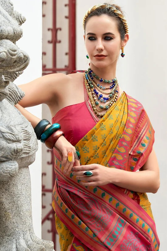 Minion Yellow Soft Woven Banarasi Ikkat Silk Saree