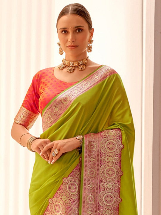 Straw Green Shade Silk Woven Zari Work Broad Border Saree