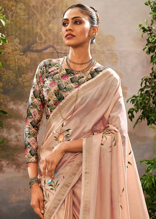 Biscuit Cream Soft Linen Tissue Hand Brush Printed Saree