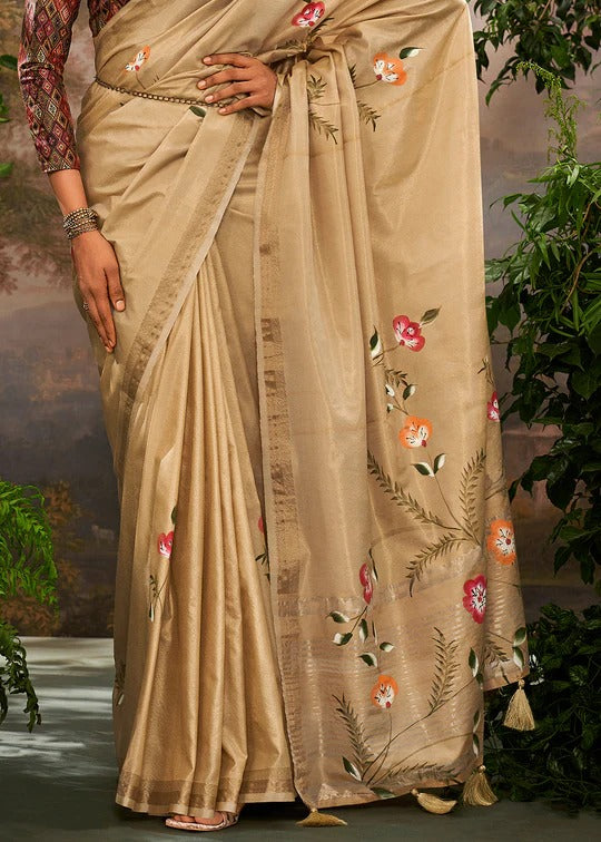 Golden Soft Linen Tissue Hand Brush Printed Saree