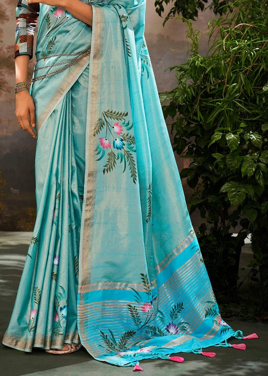 Water Blue Soft Linen Tissue Hand Brush Printed Saree