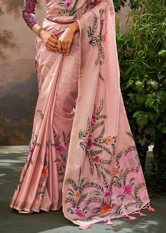 Mauve Purple Soft Linen Tissue Hand Brush Printed Saree
