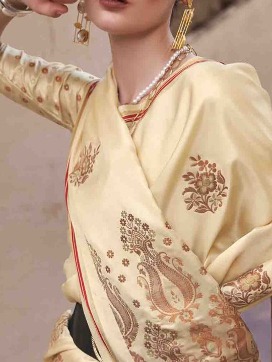 Timeless Cream Woven Satin Soft Silk Saree With Zari Weaving