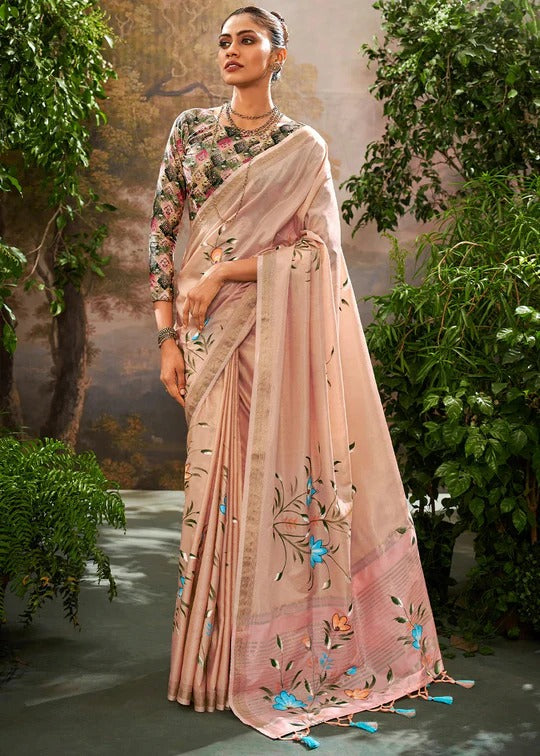 Biscuit Cream Soft Linen Tissue Hand Brush Printed Saree