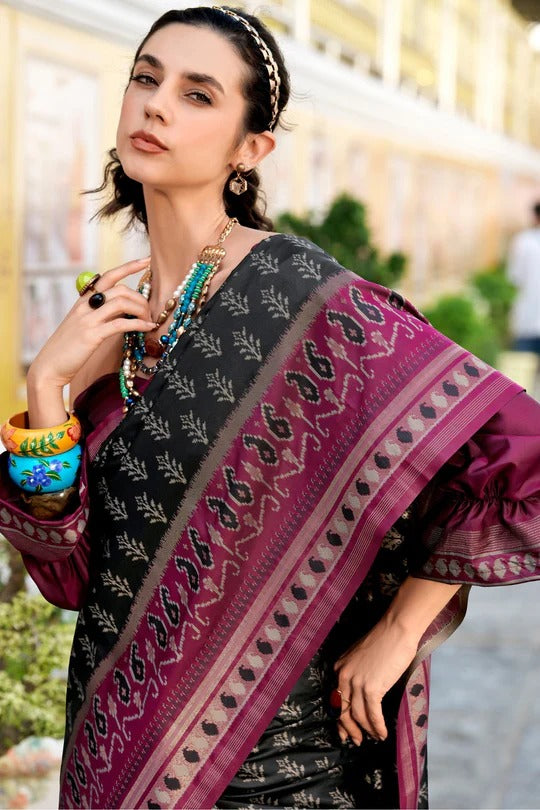 Raven Black Soft Woven Banarasi Ikkat Silk Saree