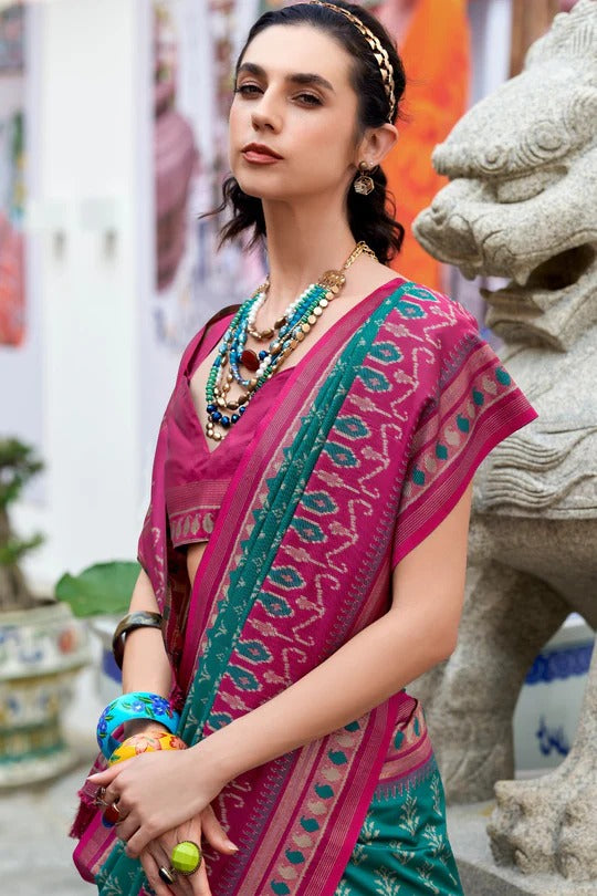 Greenish Cyan Soft Woven Banarasi Ikkat Silk Saree