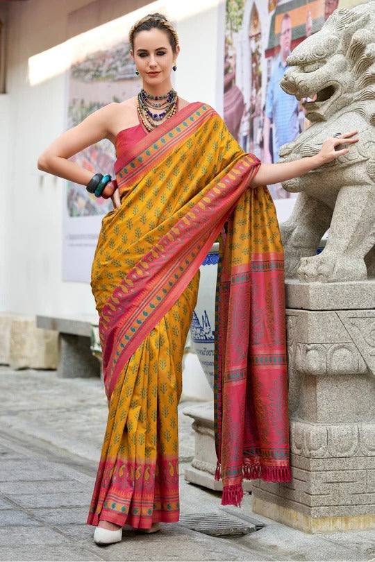 Minion Yellow Soft Woven Banarasi Ikkat Silk Saree