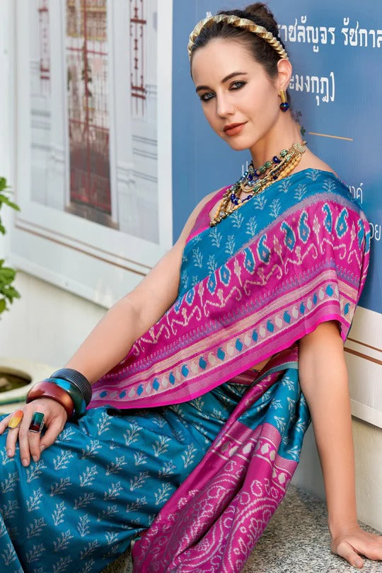Bahama Blue Soft Woven Banarasi Ikkat Silk Saree