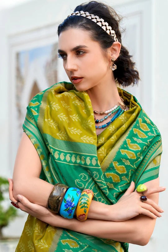 Lemon Yellow Soft Woven Banarasi Ikkat Silk Saree