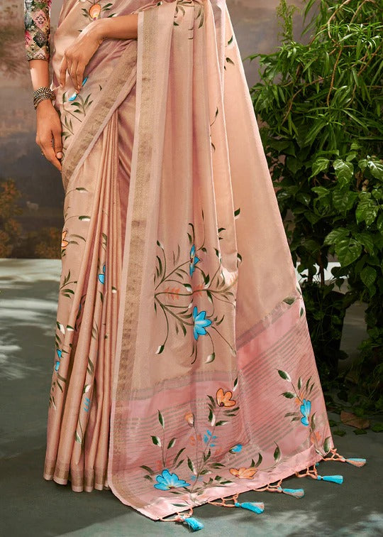 Biscuit Cream Soft Linen Tissue Hand Brush Printed Saree