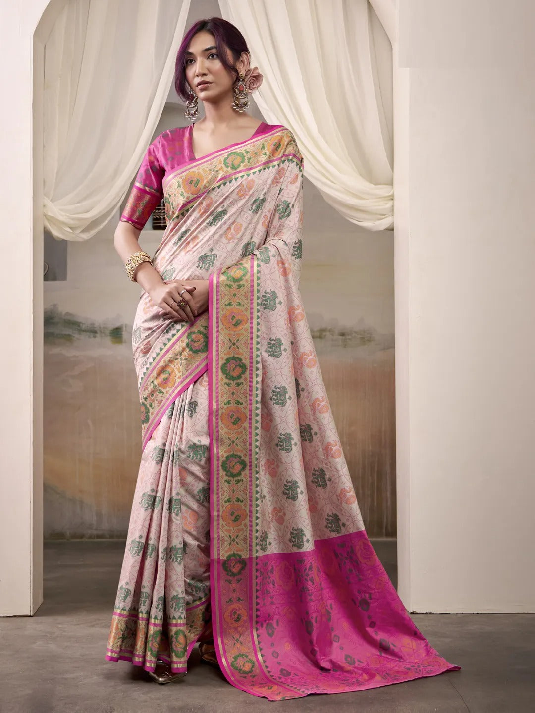 Snowy White and Pink Patola Silk Saree With Weaving Border