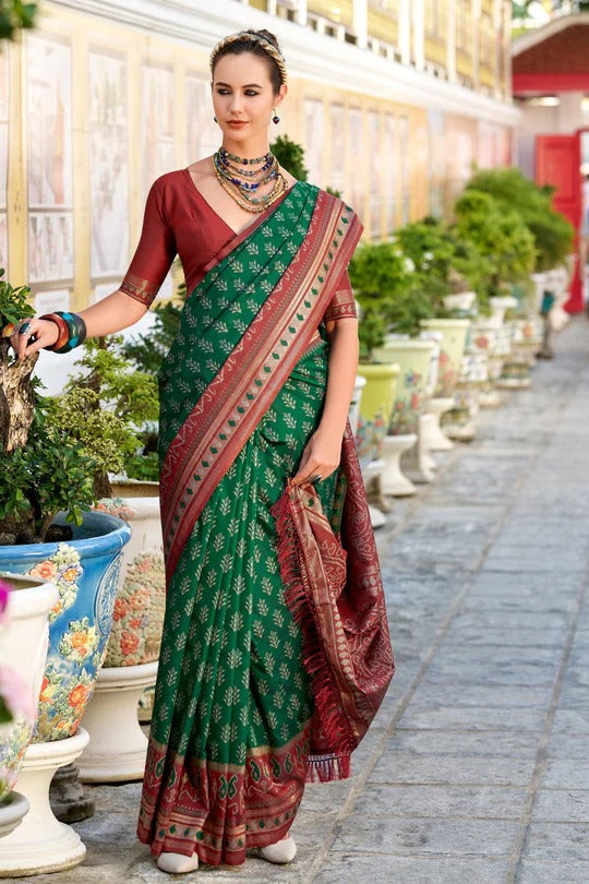 Lim Green Soft Woven Banarasi Ikkat Silk Saree